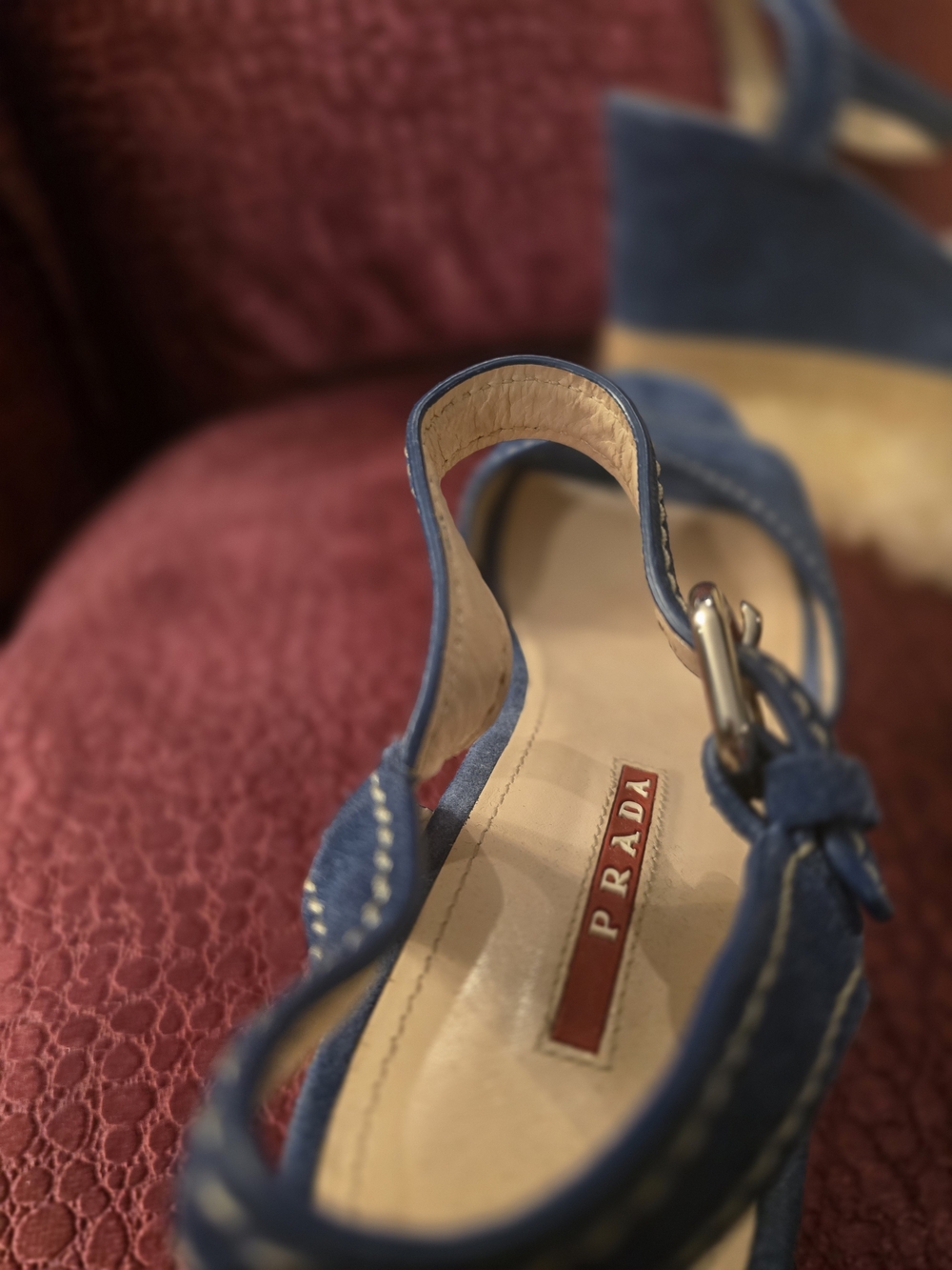 PRADA GENUINE Blue Suede Wedge Sandals with Ankle Strap - Picture 3 of 16